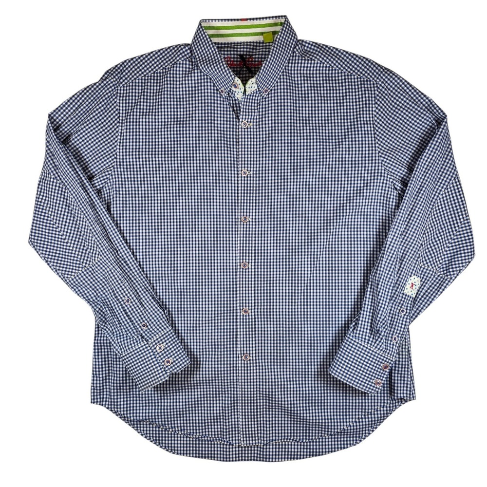 Robert Graham Blue Black Plaid Flip Cuff Tailored Fit L/S Button Up Shirt Mens L